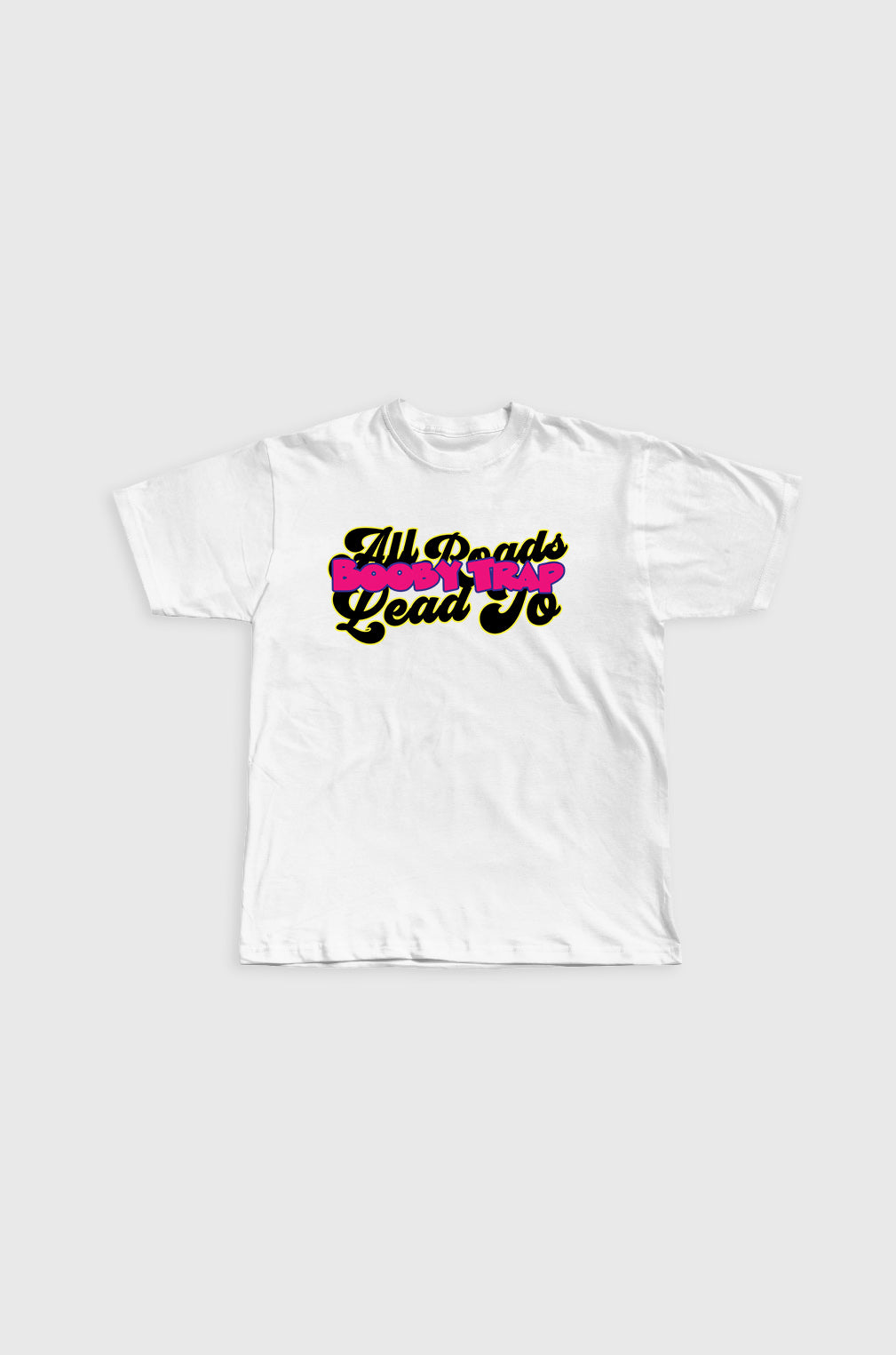 White All Roads Lead To Booby Trap Pink Logo Tee