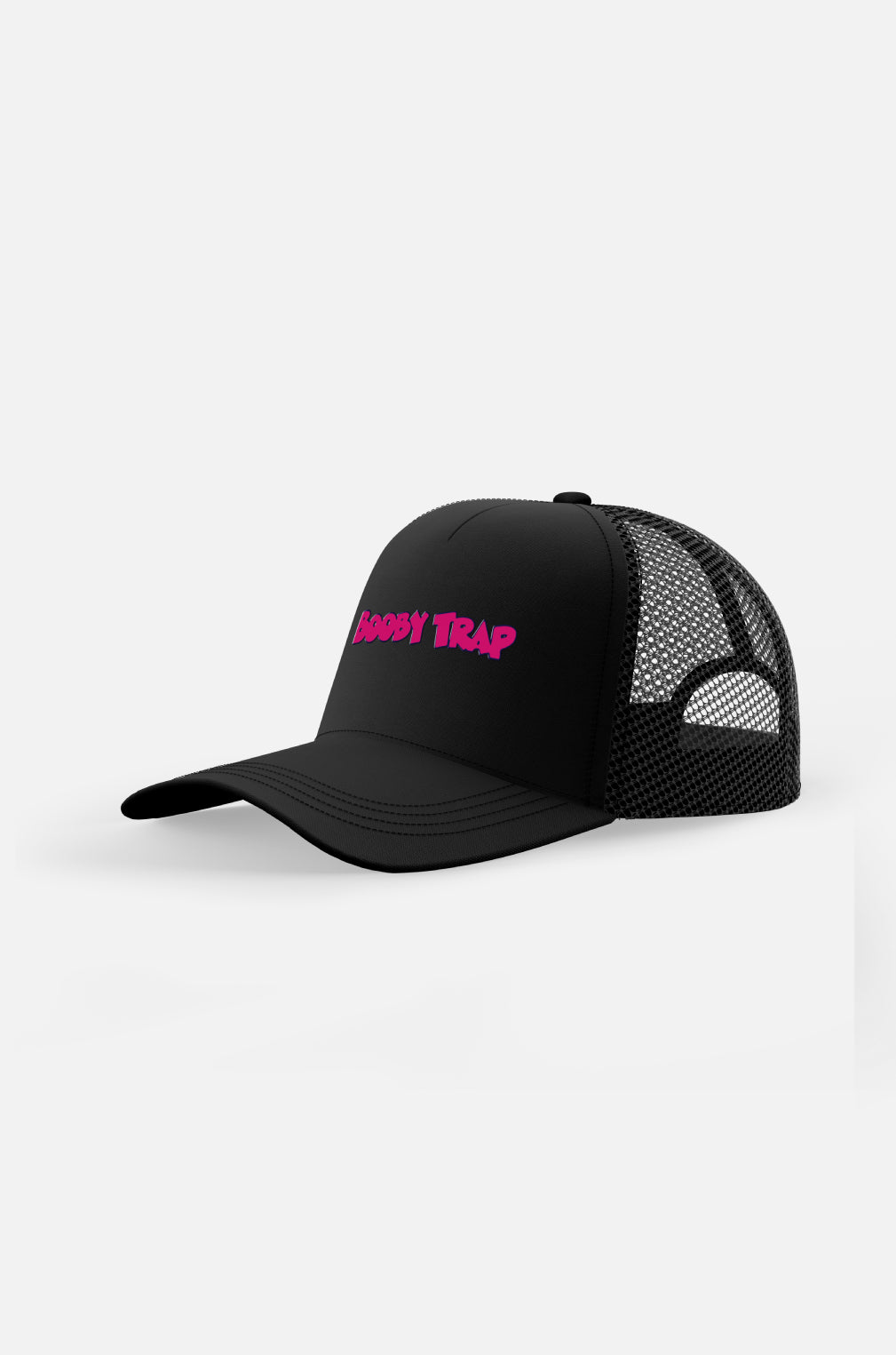 Black Booby Trap Puff Pink Logo Trucker